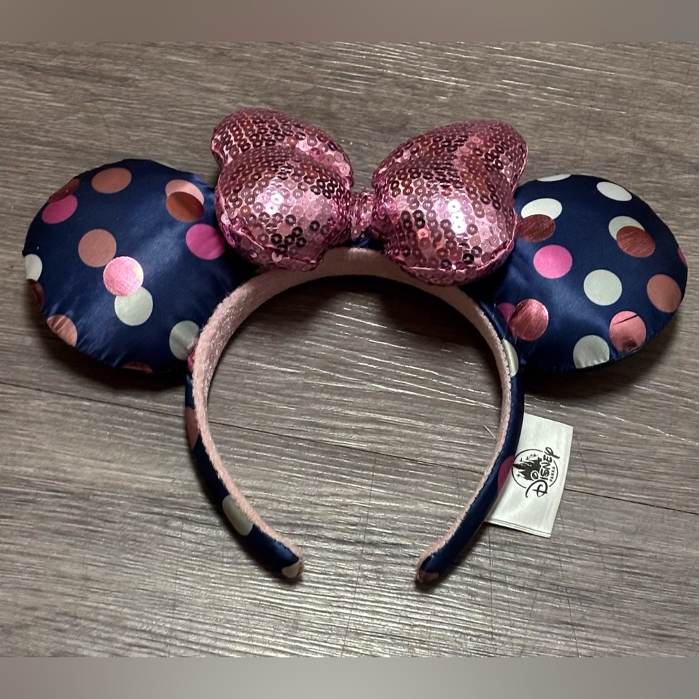 Authentic Disney Parks Minnie Mouse Ears - Navy Polka Dot & Pink Sequin Bow